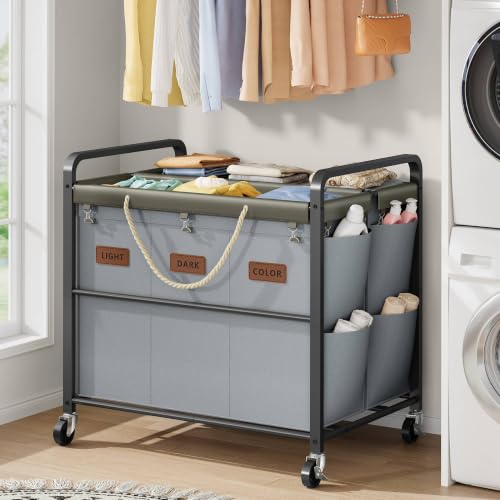 350L Extra Large Laundry Cart 6 Section, Grey | Large Capacity, Heavy Duty Lockable Wheels, Sturdy Metal Frame, Leather Patchwork, Removable Bags - color: Grey, size: 6 Bag 350L