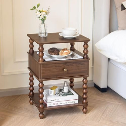 AWASEN Mid Century Modern Nightstand, Bedside Table with Storage, 3-Tier Small Night Stand End Table with Drawer for Bedroom &Solid Wood Spindle Legs, Walnut Brown - color: Walnut Brown
