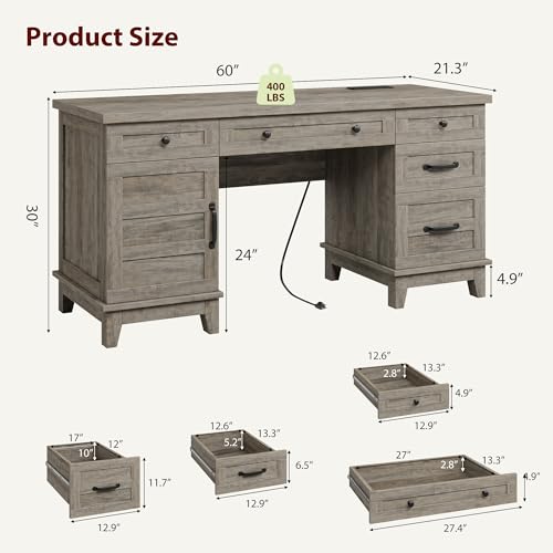 Garvee 60" Wooden Home Office Desk with File Drawers, Executive Desk with Adjustable Cabinet, Farmhouse Wood Desk with Power Outlet, Distressed Study and Work Table, Rustic Grey - color: Rustic Grey, size: 60" W