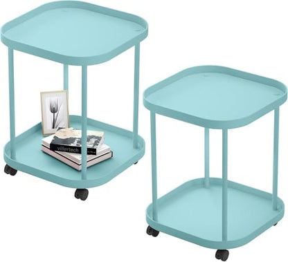 Side Table with Wheels, End Table Living Room Plastic Mobile Sofa Side Table Small Night Stand Bedroom Blue (2 Pack) - color: Blue, size: 2 Pack
