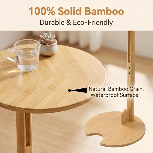 Bamboo Side Table for Sofa - Adjustable Height C Shaped End Tables for Small Spaces, Couch, Bedside, Living Room, 12.6x12.6x26 Inch TV Tray Round Stand for Drink, Snack, Coffee (Natural) - color: Natural