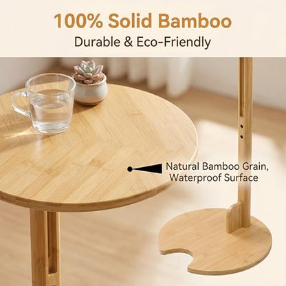 Bamboo Side Table for Sofa - Adjustable Height C Shaped End Tables for Small Spaces, Couch, Bedside, Living Room, 12.6x12.6x26 Inch TV Tray Round Stand for Drink, Snack, Coffee (Natural) - color: Natural
