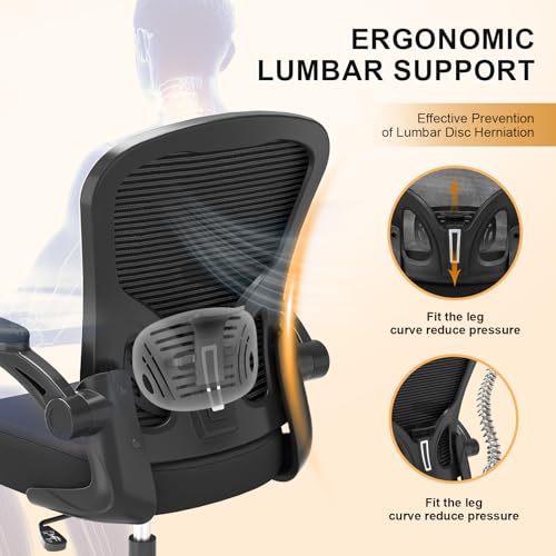 Office Chair, Ergonomic Desk Chairs 330LBS Capacity High Back Mesh Computer Chair with Flip-up Armrests, Comfy Work Chair with Adjustable Lumbar Support, Rolling Chair - color: Black