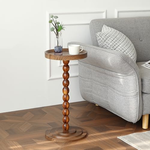 Small Round SideTable, Drink Table Martini Table for Small Spaces, Tall End Table with Solid Wood Leg, Pedestal Side Table for Living Room Sofa Bedroom Bedside (Dark Walnut)