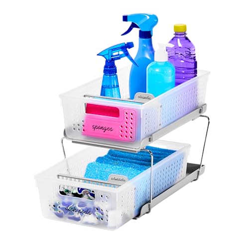madesmart 2 Tier Organizer, Under Cabinet Storage with Pull Out Sliding Drawers, for Cleaning Supplies, Pantry, Undersink, Sponges, Bottles & Bath, Adjustable Dividers & Pull Out Baskets, Frost - color: Frost + Dividers