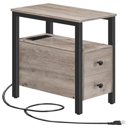 HOOBRO End Table with Charging Station, Narrow Side Table with 2 Drawers & USB Ports & Power Outlets, Nightstand for Small Spaces, Bedroom, Living Room, Stable and Sturdy, Greige and Black BG541BZ01 - color: Greige + Black