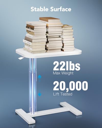 HUANUO 28Inch Bedside Table with Wheels, Height-Adjustable Rolling Computer Cart, Overbed Table with Cup Holder, Pneumatic Laptop Standing Desk for Home Office, White - color: White, size: Small-28 Inch