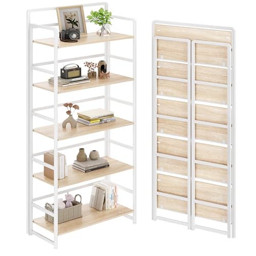 Folding Bookshelf 5 Tiers,No Assembly,Vintage Wood Bookcase Storage,Beige | 65.7''H Vintage Wood Collapsible Portable Bookcase,Foldable Storage Rack,Organizer for Living Room, Bedroom, Home Office - color: Beige, size: 5-tier