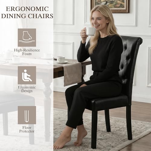 LSSBOUGHT Upholstered Dining Chairs Set of 4,Tufted Parsons Kitchen Chair with Solid Wood Legs, Modern PU Leather Side Chair for Dining Room/Restaurant(4pcs,Black) - color: Black-pu, size: Set of 4