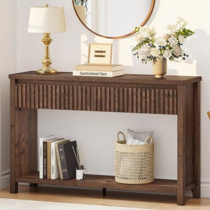 BON AUGURE Console Tables for Entryway, Console Table with Drawers, 47In Sofa Table with Storage, Narrow Entryway Tables with 2-Tier Shelf, Farmhouse Fluted Couch Tables for Living Room, Rustic Oak - color: Rustic Oak