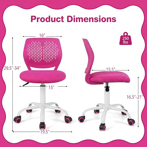Costzon Kids Desk Chair, Armless Height Adjustable Kids Computer Chair w/Elastic Sponge Filling, Ergonomic Backrest & Stable 5-Point Wheels, Children Rolling Swivel Chair for Studyroom (Rose) - color: Rose