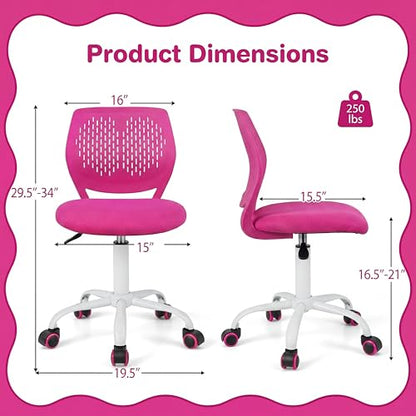 Costzon Kids Desk Chair, Armless Height Adjustable Kids Computer Chair w/Elastic Sponge Filling, Ergonomic Backrest & Stable 5-Point Wheels, Children Rolling Swivel Chair for Studyroom (Rose) - color: Rose