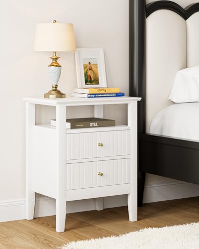 Fluted Nightstand, Farmhouse Night Stand with 2 Drawers, Mid Century Modern Side Accent Table,Bedside End Table for Bedroom, Living Room, White - color: White, size: 2 Drawers