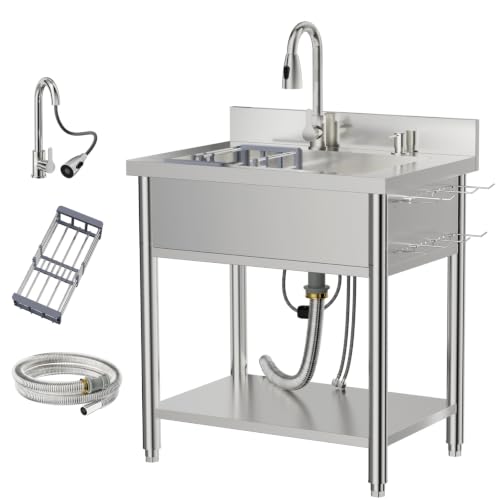 Stainless Steel Utility Sink, 29.5" Single Bowl Freestanding Laundry Sink with 360° Hot & Cold Water Faucet, Hoses & Drain Kit, Outdoor/Indoor Commercial Sink for Kitchens, Garage, Laundry Room - size: 29.54" x 19.7" x 35.2"