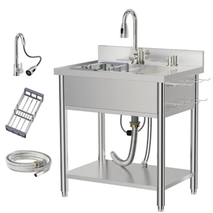 Stainless Steel Utility Sink, 29.5" Single Bowl Freestanding Laundry Sink with 360° Hot & Cold Water Faucet, Hoses & Drain Kit, Outdoor/Indoor Commercial Sink for Kitchens, Garage, Laundry Room - size: 29.54" x 19.7" x 35.2"