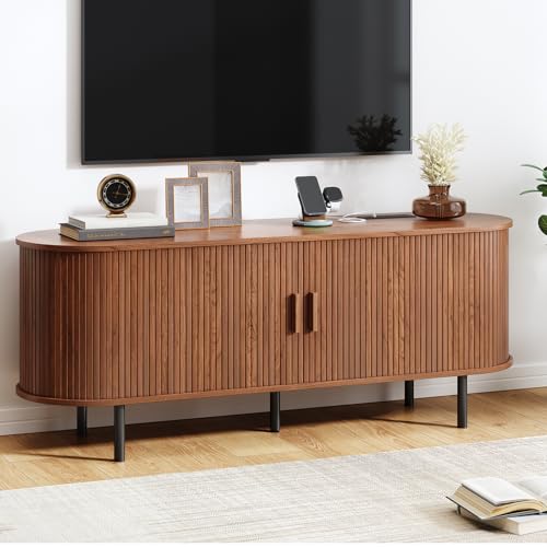 55" TV Stand with Power Outlet, Mid-Century Modern Television Stand, Fluted Media Console with Sliding Doors, Entertainment Center for TVs up to 60 Inch, Adjustable Shelves, Walnut - color: Walnut, size: 55 Inch