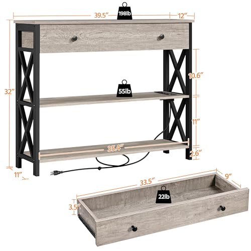 Topeakmart 40 Inch Console Table with 2 Outlets and 2 USB Ports, Extra Long Entryway Table with Drawer and X-Shaped Design, Narrow Sofa Table for Living Room and Hallway Gray - color: Grey, style: with Power Outlet
