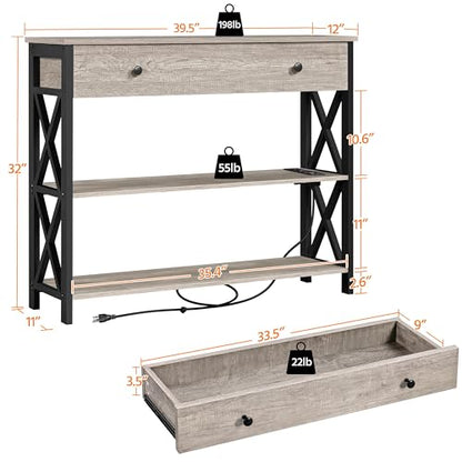 Topeakmart 40 Inch Console Table with 2 Outlets and 2 USB Ports, Extra Long Entryway Table with Drawer and X-Shaped Design, Narrow Sofa Table for Living Room and Hallway Gray - color: Grey, style: with Power Outlet