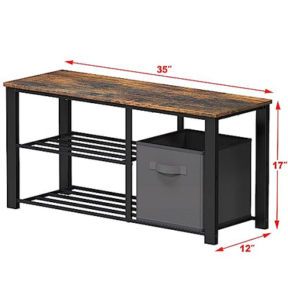 Simple Houseware 2 Tier Shoes Bench with Wood Top and Storage Bins, Rustic Brown - color: Rustic Brown, size: 35"