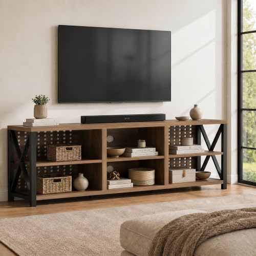LVB Rustic Entertainment Center for 65 Inch TV, Industrial Wood and Metal TV Stand with Storage Shelf, Modern Television Media Console Table with Cabinet for Living Room Bedroom, Rustic Oak, 55 Inch - color: Rustic Oak