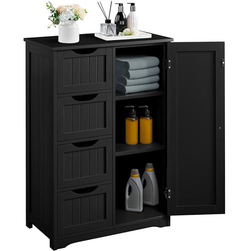 Yaheetech Small Bathroom Storage Cabinet with 4 Drawers & Door, Black | Floor Cabinet Organizer for Hallway, Living Room, 3-Position Adjustable Shelf, Beadboard Detail, MDF, 12"D x 22"W x 32.5"H - color: Black, size: 22 x 12 x 32.5 In (LxWxH)