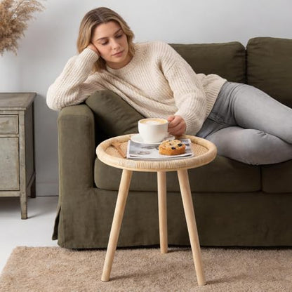 Small Side Table, Rattan Round Coffee Table, Boho Circle Side Tables End Table for Living Room, Mid Century Accent Table for Bedroom Balcony - color: Wood