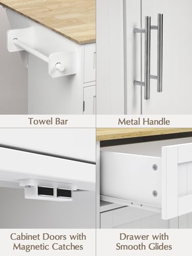Kitchen Island with Storage, 43.3" Rolling Kitchen Island Cart on Wheels with Wide Drop Leaf Rubberwood Top, Large Mobile Island Table with Trash Can Storage and Towel Bar, White - size: Large Kitchen Island, style: Modern White