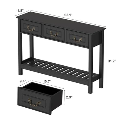 Sofa Table - Entryway Table with Drawers, Narrow Console Table for Living Room, 53” Long Farmhouse Sofa Table with 3 Drawers & 2-Tier Shelves,Black Oak Finish for Hallway or Behind Couch - color: Black