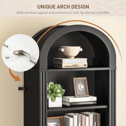 RALGEND Arched Bookshelf, 75.8" Tall Narrow Bookshelf, Arch Bookcase with Storage, 6-Tier Farmhouse Book Shelf, Wooden Arched Cabinet with Open Display Shelves, Adjustable Shelf, Black - color: Black, size: 18.9"L x 11.8"W x 75.8"H