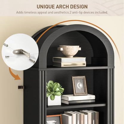 RALGEND Arched Bookshelf, 75.8" Tall Narrow Bookshelf, Arch Bookcase with Storage, 6-Tier Farmhouse Book Shelf, Wooden Arched Cabinet with Open Display Shelves, Adjustable Shelf, Black - color: Black, size: 18.9"L x 11.8"W x 75.8"H