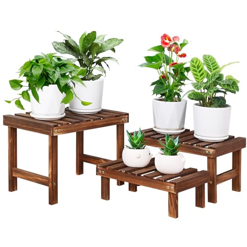 3 Tiered Small Plant Stands Shelf Indoor Outdoor Wood Flower Stand | Low Rectangle Plant Bench Holder Rack, Corner Step Ladder Shelves for Flower Pot Succulent Cactus Patio,Desktop,Window