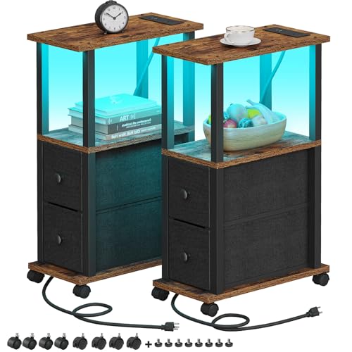 TUTOTAK Small Narrow End Tables, LED Side Tables with 2 Fabric Drawers, Set of 2, Bedside Tables with Charging Station for Small Spaces, Slim Nightstands with USB Ports and Wheels, TB01BB053L - color: Brown, style: with LED Light & Outlets
