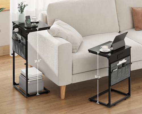 Vagusicc C-Shaped End Table Set of 2 with Charging Station, Small Side Table for Couch, Adjustable Height Couch Side Table, Slide Under Sofa Table TV Tray Tables for Living Room,Bedroom,Bedside, Black - color: 2pc Black