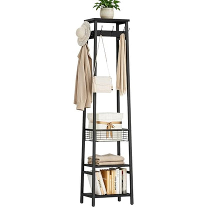 Coat Rack Freestanding, Coat Stand with Metal Basket and Storage Shelves, Hall Tree Free Standing with and 7 Hooks, Clothes Rack Stand Organizer, Black - color: Black, style: 2 Shelves + 1 Basket