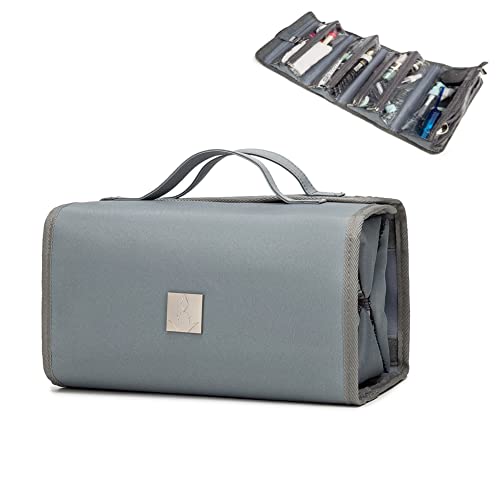 Roll Up Makeup Bag, Travel Toiletry Bag for Women with 4 Clear TSA Approved Pouches, Hanging Travel Organizer, Folding Cosmetic Bag for Men and Women - color: Grey