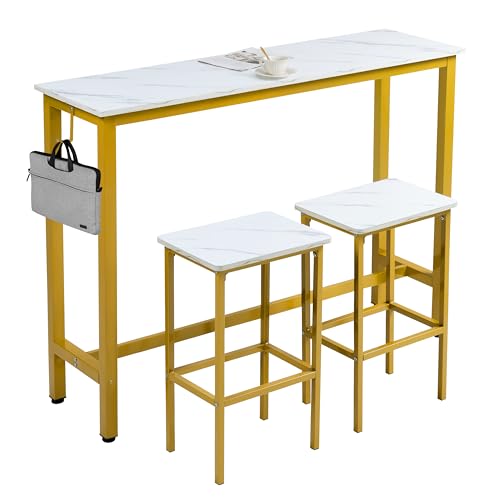 Finnhomy 52.7" Industrial Bar Table Set with 2 Stools - Counter Height Dining & Pub Table for Small Spaces, Kitchen, Apartment, Nook - Metal & Wood, Space-Saving Furniture - White Marble and Gold - color: White Marble + Gold, size: 52.7" Bar Table