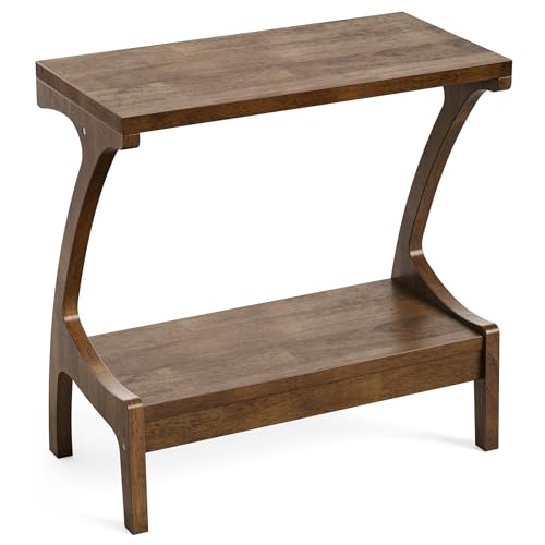 Solid Wood End Table with 2-Tier Storage Shelf, Narrow Side Table for Living Room, Bedroom, Small Spaces, Natural Wood Paint Finish, Easy Assembly - color: Brown