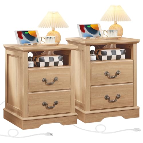 Farmhouse Nightstands Set of 2 with Charger Station, 2 Drawers Night Stand with Storage Shelf, Natural Wood 18" Wide Bedside Table, Rustic Bed Side End Tables for Bedroom, Living Room - color: Natural, size: 2PCS