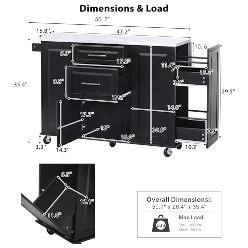 Kitchen Island with Trash Can Storage Cabinet and Faux Marble Top | Black, 50.7" Rolling Kitchen Cart on Wheels with Drop Leaf, Spice Rack, Towel Rack and Adjustable Shelf for Dining Room - color: Black