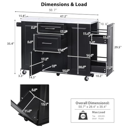 Kitchen Island with Trash Can Storage Cabinet and Faux Marble Top | Black, 50.7" Rolling Kitchen Cart on Wheels with Drop Leaf, Spice Rack, Towel Rack and Adjustable Shelf for Dining Room - color: Black