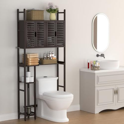 Cozivolife Over The Toilet Storage: Space Saver Bathroom Organizer Shelf | Bamboo Freestanding Storage Cabinet Over Toilet with Paper Holder Stand - No-Drill Installation and Waterproof Feet Pad