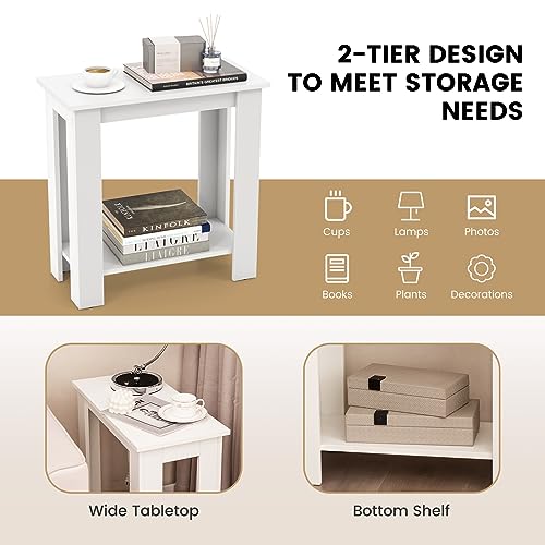 Giantex Narrow End Table Set of 2, 2-Tier Side Table with Open Storage Shelf, Retro Wood Sofa Table Bedside Tables for Small Spaces, Slim Nightstand for Living Room, Bedroom, Easy Assembly, White - color: White