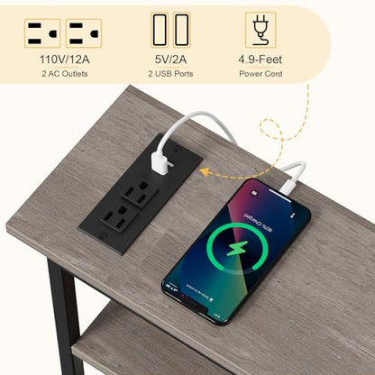 Snughome Narrow Side Table with Charging Station, Slim End Table for Small Spaces, 3 Tier Skinny Nightstand with Drawer, Sofa Beside Table with Storage Shelf for Living Room Bedroom Grey - color: Grey