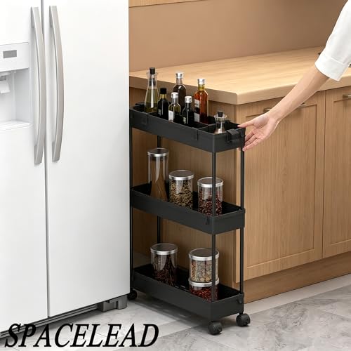Slim Storage Cart 3 Tier,Bathroom Organizer Rolling Utility,Mobile Shelving Unit Slide Out for Office, Kitchen, Laundry Room & Narrow Places,Black - color: Black