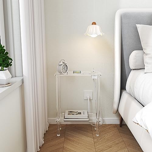 HMYHUM Acrylic Narrow Side Table with Charging Station, 7" Width, 2 Tier Small End Table for Small Spaces, Skinny Nightstand/Bedside Table with USB Ports & Outlet, Clear - size: 2-tier