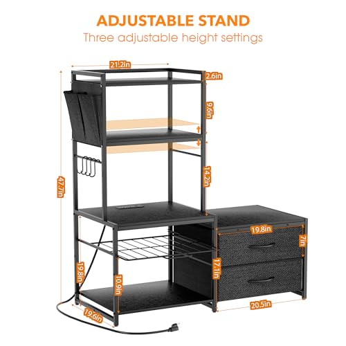 POZILAN 47" Adjustable Mini Fridge Stand with Storage, 5-Tier Mini Fridge Shelf with Power Outlet, Sturdy Coffee Bar Station with Pod Storage, Microwave Stand for Dorm, Office, Kitchen, Black