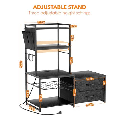 POZILAN 47" Adjustable Mini Fridge Stand with Storage, 5-Tier Mini Fridge Shelf with Power Outlet, Sturdy Coffee Bar Station with Pod Storage, Microwave Stand for Dorm, Office, Kitchen, Black