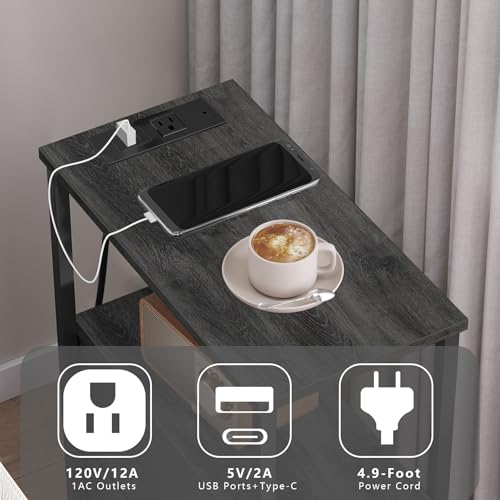 TUTOTAK Small Narrow End Table with Charging Station, Set of 2, Side Table with Outlets, Nightstand with 2 Cloth Drawers, Couch Table, for Living Room, Bedroom, Bedside, Charcoal Grey TB01BY055 - color: Charcoal Grey, style: 2 Drawers & Plug