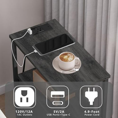 TUTOTAK Small Narrow End Table with Charging Station, Set of 2, Side Table with Outlets, Nightstand with 2 Cloth Drawers, Couch Table, for Living Room, Bedroom, Bedside, Charcoal Grey TB01BY055 - color: Charcoal Grey, style: 2 Drawers & Plug