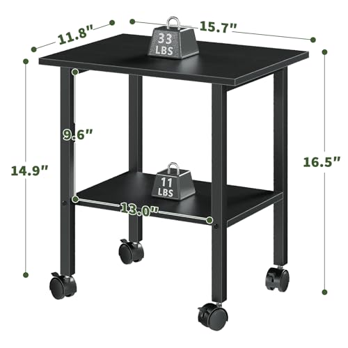 2 Tier Printer Stand with Storage, Under Desk Printer Table, Space-Saving Printer Table with Locking Wheels, Rolling Printer Cart for Home Office, Black
